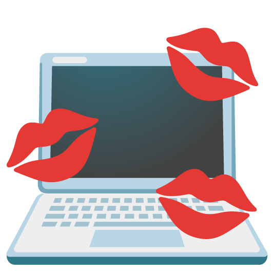 An emoji of a computer with kiss marks.